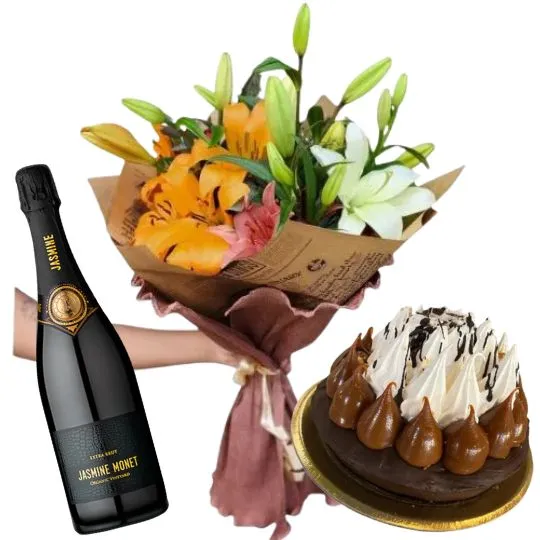 Ramo de flores lilium lirios con torta y espumante